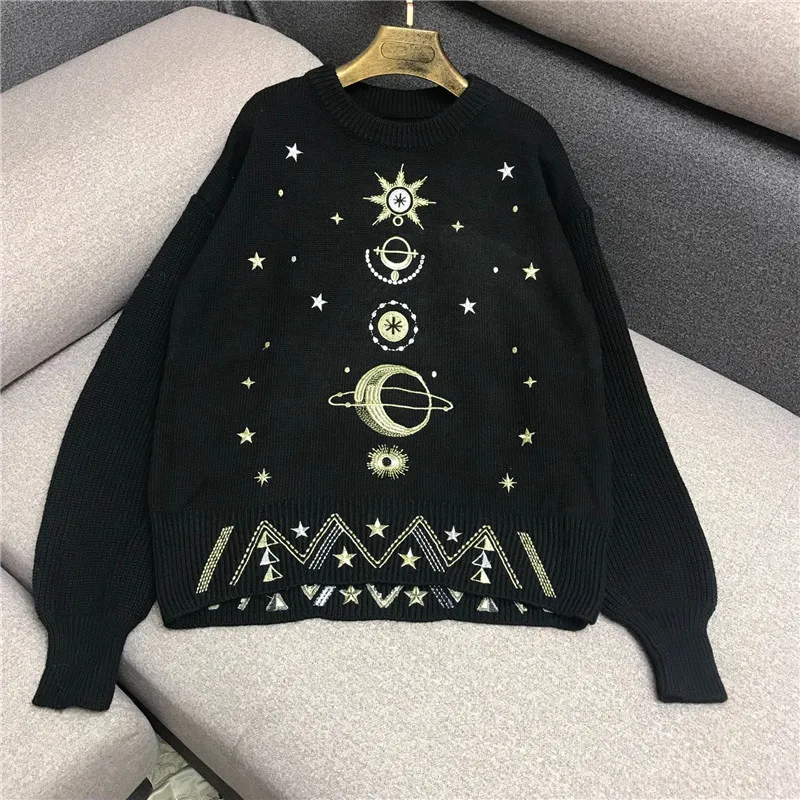 

Luxury Designer Brand Knitted Sweater for Women O Neck Vintage Embroidered Cosmic Starry Sky Loose Pullovers Black