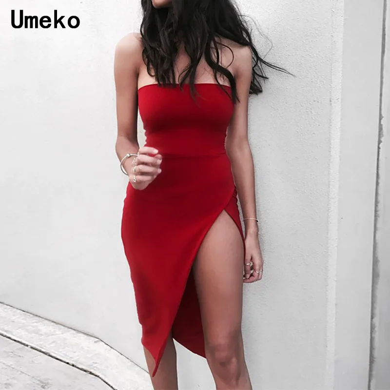 

Women Bodycon Dress Party Night Club Strapless Split Sexy Slim Red Black Solid Color Ladies Pencil Dress Female Full Clothes