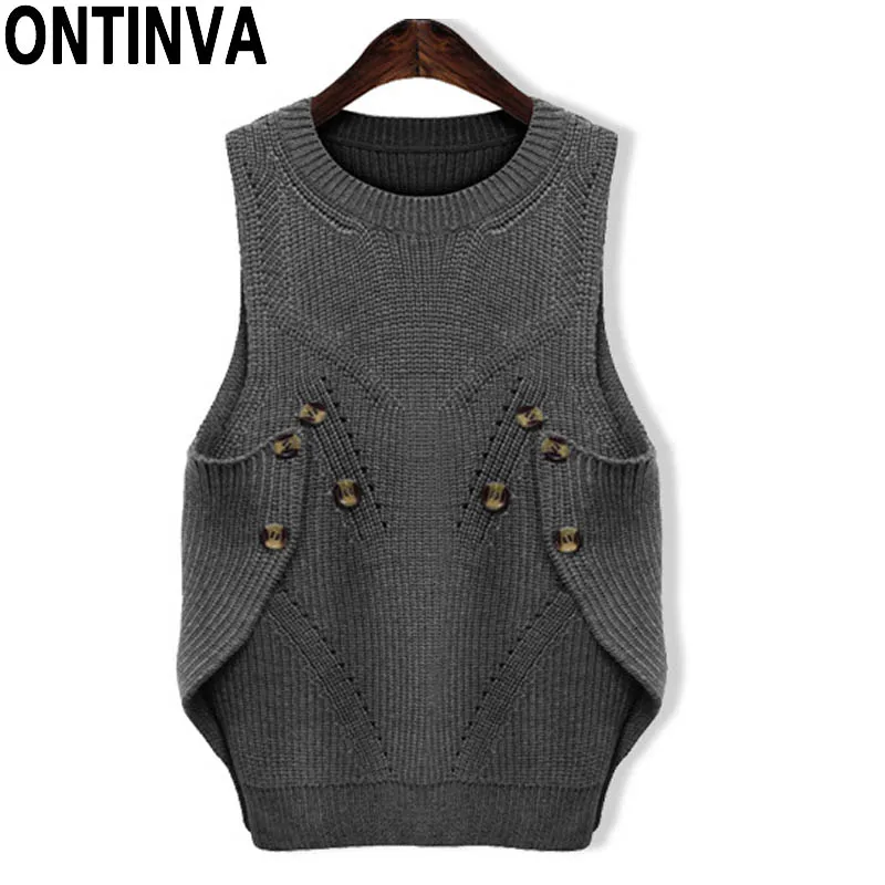 

2019 Women Side Split Sweater Vest Oversized Sleeveless Knitted Waistcoat Jumpers with Buttons Plus Size Casual Pullovers Tops