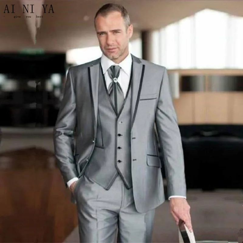 Light Grey Shiny Men Wedding Suit TWO Button Groomsmen