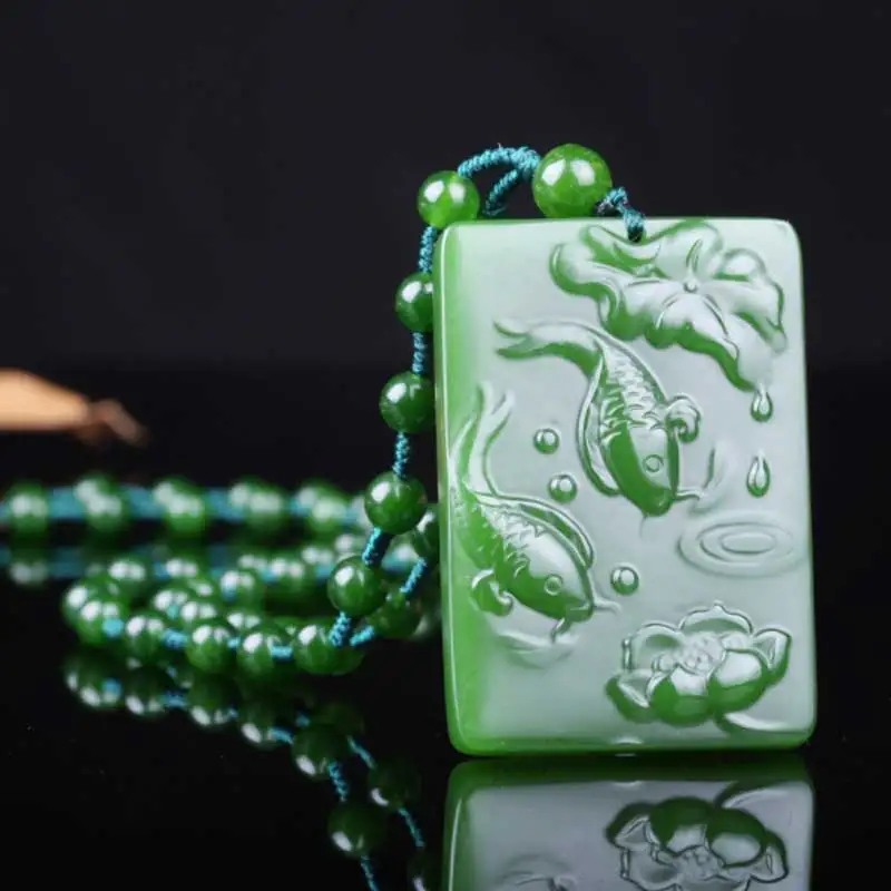 

KYSZDL Natural green yu stone carving Pisces lotus pendant men and women sweater chain pendant necklace jewelry gifts Free Rope