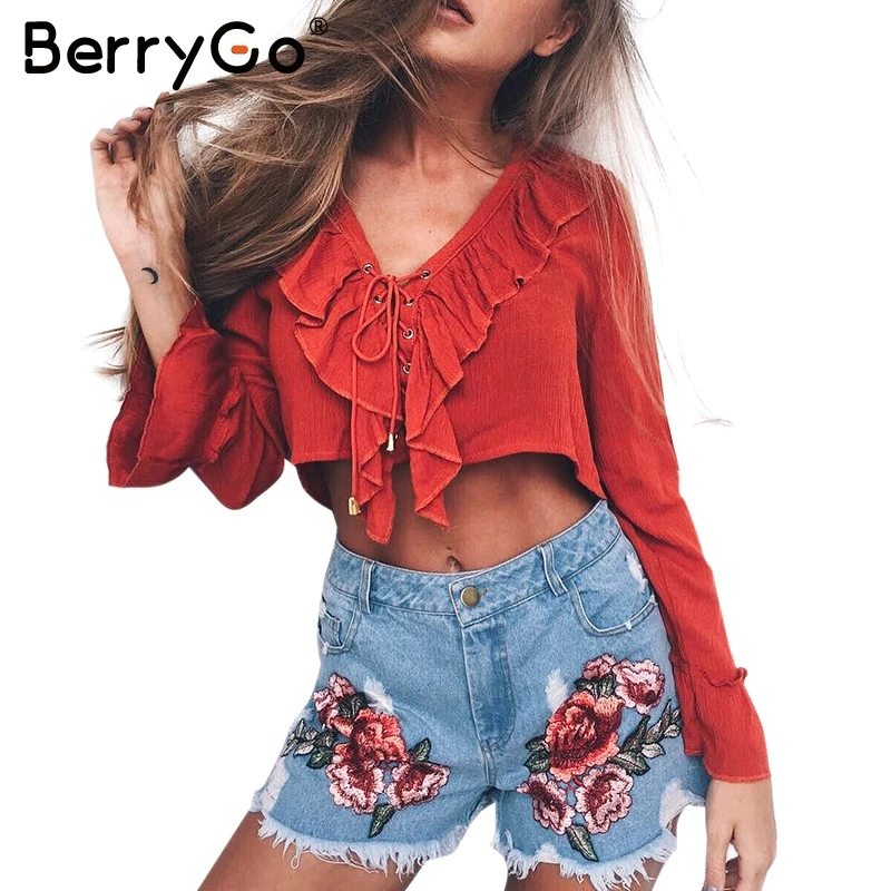Женская шифоновая блузка с оборками BerryGo укороченный топ v образным вырезом и