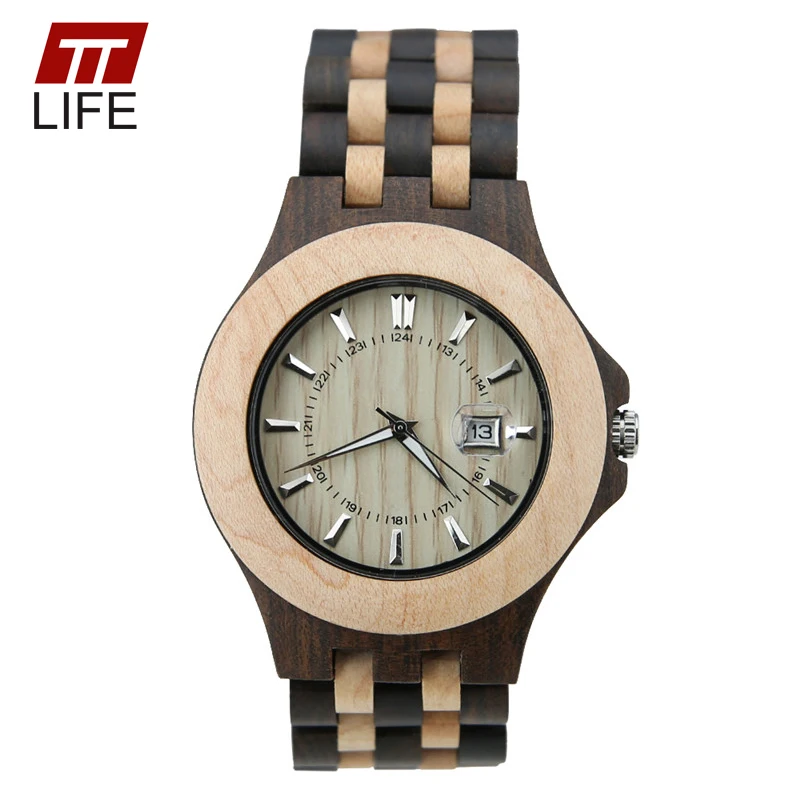 

TTLIFE Men Natural Ebony Watch Luminous Date Wooden Band Woodenwatch Folding Clasp Japanese Quartz Movement Wristwatch 080A