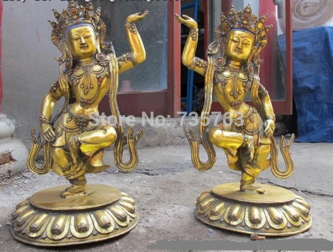 001753 17 &quotТибетский буддизм бронзовый позолоченный два TaRa Kwan Yin танец богиня Будда