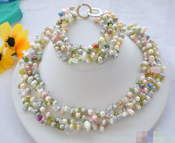 

free shipping 12631 4row multicolor rice pearl crystal detritus NECKLACE BRACELET SET (A0423)