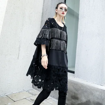 

Johnature Lace Tassel Solid Color Loose O-neck Long Tops New Streetwear Style 2020 Summer Half-sleeve Women Fashion T-shirts
