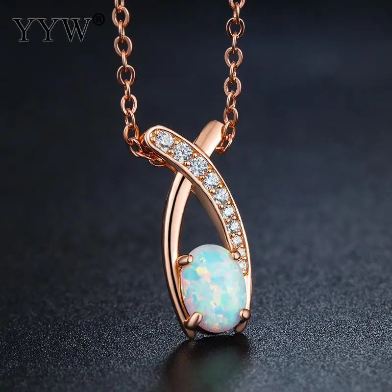Women Brass Necklace Opal Rose Gold Color Plated Oval with Snake Chain
