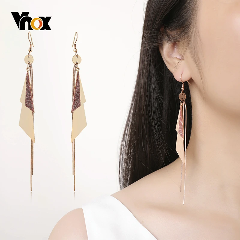 

Vnox Trendy Candid Style Long Earrings for Women Rose Gold Tone Stainless Steel Geometric Triangle Drop Tassel Dangle Earrings