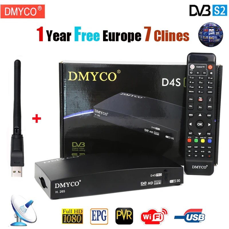 

DMYCO D4S Pro DVB-S/S2 Satellite Receiver Full HD1080P With Usb wifi +1 year Free cable Support YouTube Powervu Biss key MPEG-