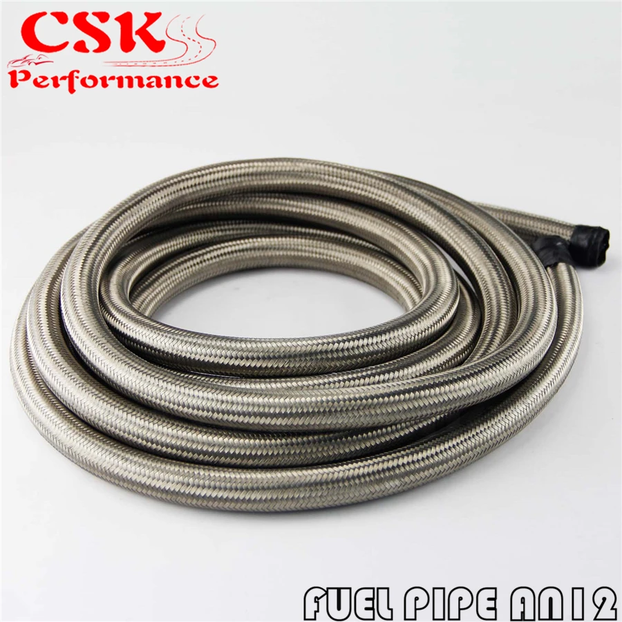 Stainless Steel Braided Fuel Oil Gas Hose Line 5M AN 12 AN12 Silverin