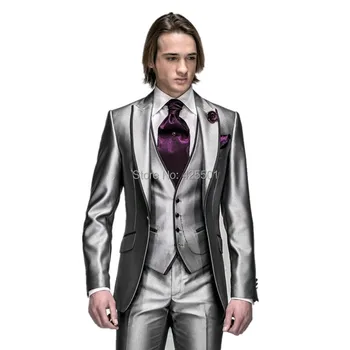 

Shiny Silver Wedding Men Suit 2020 Formal Skinny Stylish Male Blazer Party Custom Groom Tuxedo 3 Piece Vestidos mens suits