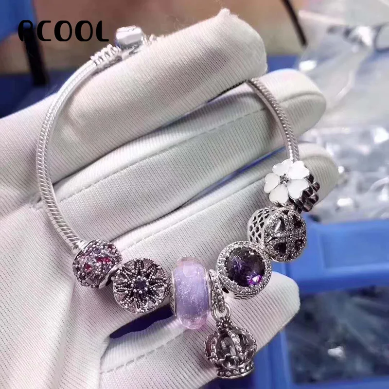 

BCOOLDIY Jewelry Female Charm Fashion Silver 925 Original Bracelet, Crystal Bead Charm Crown Bracelet Jewelry Gift