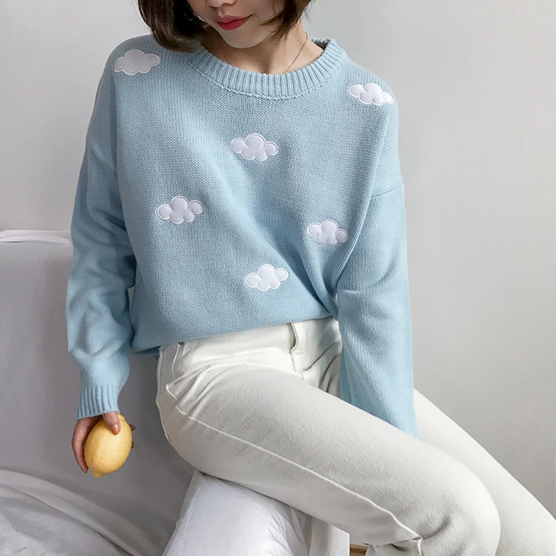 NORMOV Kawaii корейский Повседневный женский свитер с круглым вырезом и длинным рукавом, свободные однотонные пуловеры с облаками, осенне-зимний модный вязаный свитер