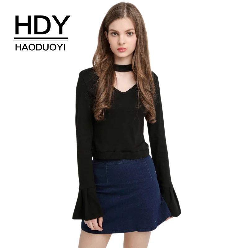 HDY Haoduoyi осень 2017 г. сплошной черный Для женщин Милая футболка женский оборками с