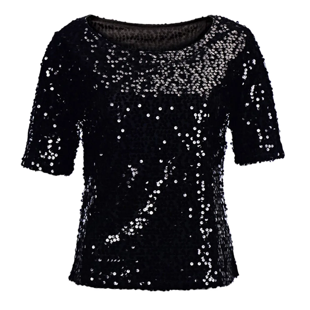 Модная женская футболка, Camiseta Mujer, вечерние, с блестками, блестящий косичка, повседневный Топ, футболка размера плюс, женская футболка# T10G - Цвет: Black
