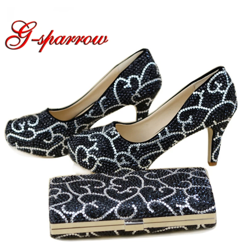 Crystal Wedding Shoes Black Rhinestone Woman Formal Dress Shoes With