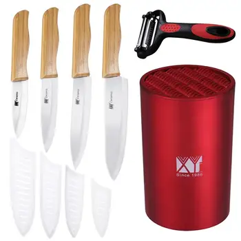 

ROSENICE Round Cylinder Knife Holder with Ceramic Knives and Peeler Universal Knife Stand Set for Kitchen(Red)