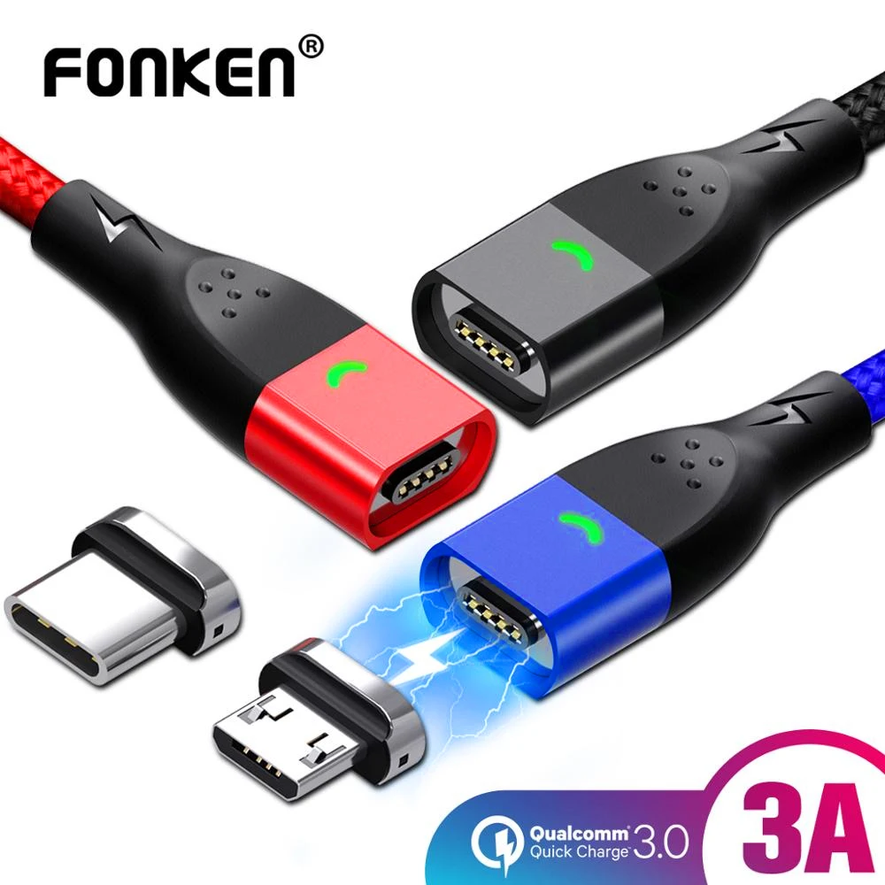 FONKEN كابل مغناطيسي USB نوع C كابل المصغّر usb سريعة كابل شاحن 1 m 2 m المغناطيس سريع شاحن الهاتف المحمول USB- c LED بيانات سلك