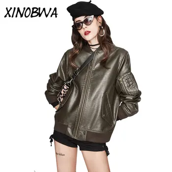 

2018 New Autumn High Fashion Street Women's Washed PU Leather Outwear Zipper Motorcycle bomber Jackets Veste Simili Cuir Femme