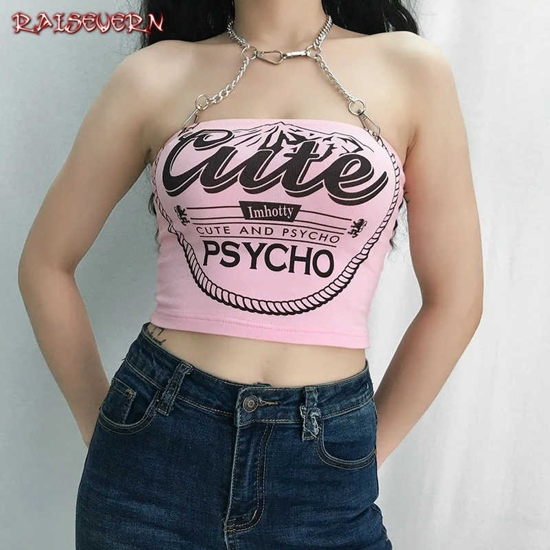 

Woman Goth Tank Tops Pink Checkered Letters Printed Girl Slim Short Beach Travel Sexy Chain Halter Club Women Gothic Tank Tops