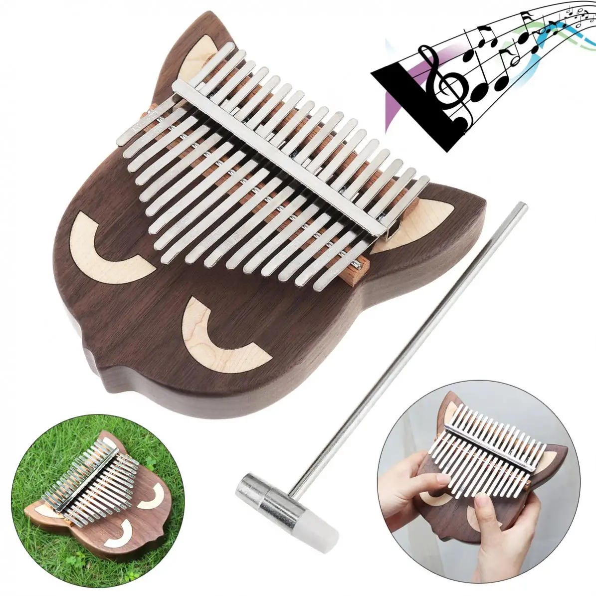 

17 Key Thumb Piano Kalimba Whole Single Board Cat Face Black Walnut Mbira with Tuning Hammer