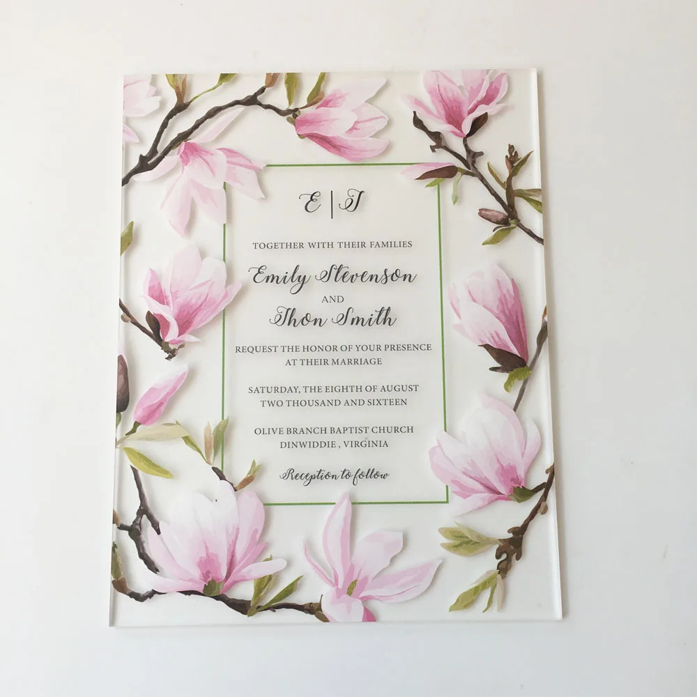  Customized Beautiful Peach Blossom Water Color Style 128*165mm Frosted Acrylic Wedding Invitation C - 32848153497