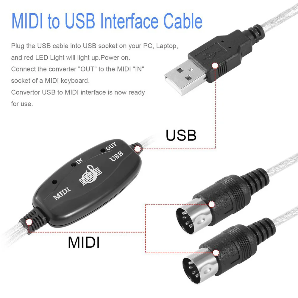

MIDI to USB Interface Cable Adapter for Keyboard Electronic Drum PC to Music Keyboard Cord XR-Hot