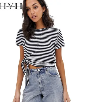 

HYH Haoyihui 2019 New Summer Breaf Stripe Office Lady Top&tee Sexy Side Waist Tie Ol Style O-neck Fashion Women T-shirt