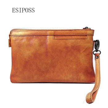 

Genuine leather men clutch vegetable tanned leather bag retro rubbing color male handbag hand bag cow leather mobile phone bag