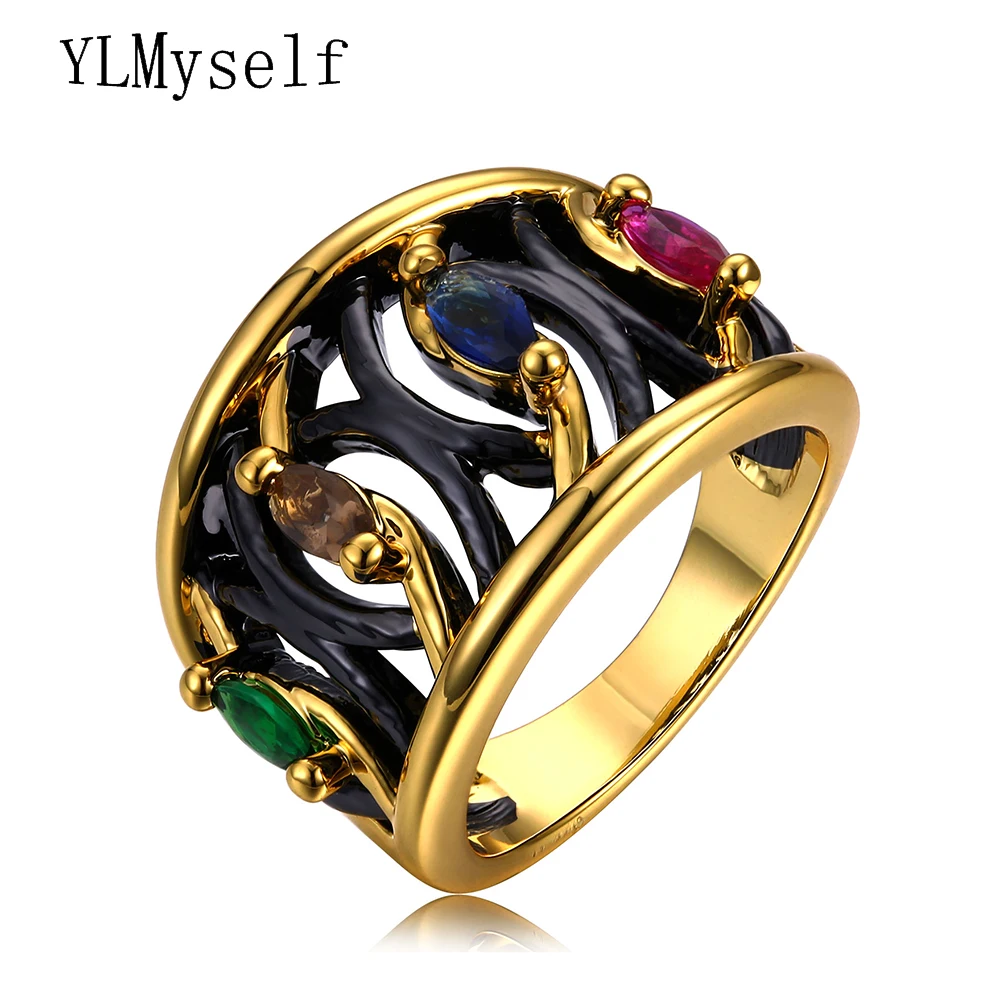 Модное Дизайнерское черное кольцо на палец с разноцветными камнями anel feminino anillos
