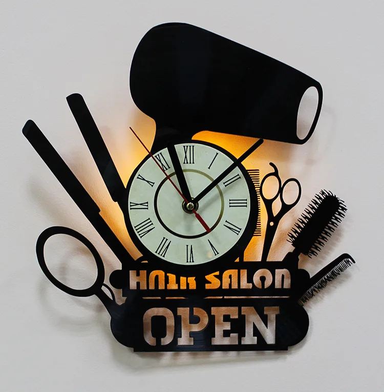 30 см креативный винтажный черный светодиодный салон часы открытые домашние декоративные бескаркасные часы парикмахерские настенные Арт-подарки