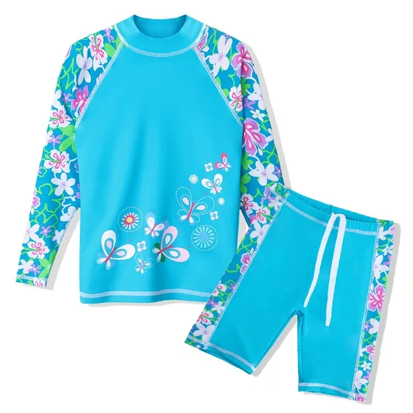 Купальный костюм BAOHULU с принтом для девочек, комплект из двух предметов, купальный костюм с длинными рукавами, детский купальный костюм, купальные костюмы для подростков, От 3 до 12 лет - Цвет: S248 Blue