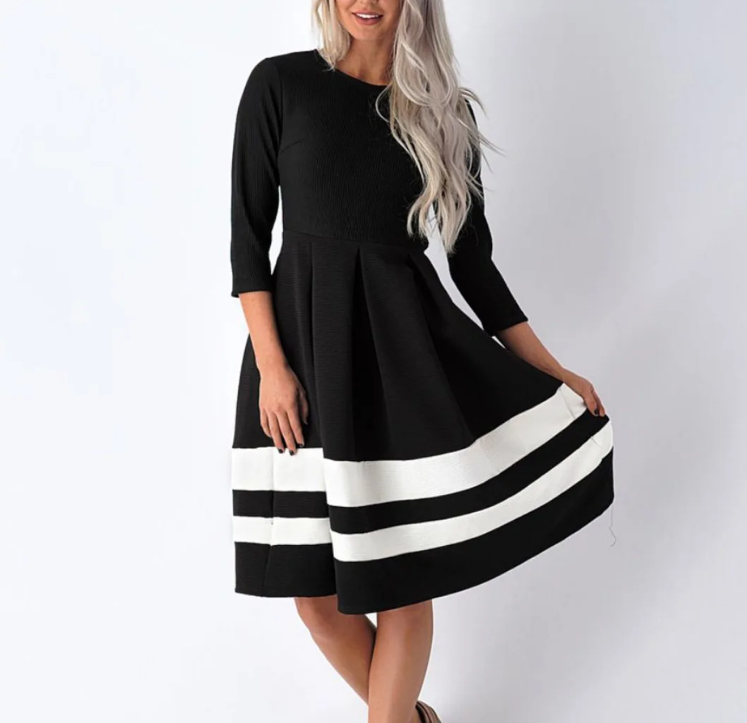 Women Casual Dresses O neck Wrist A line Dresses Spring Stripe Knee