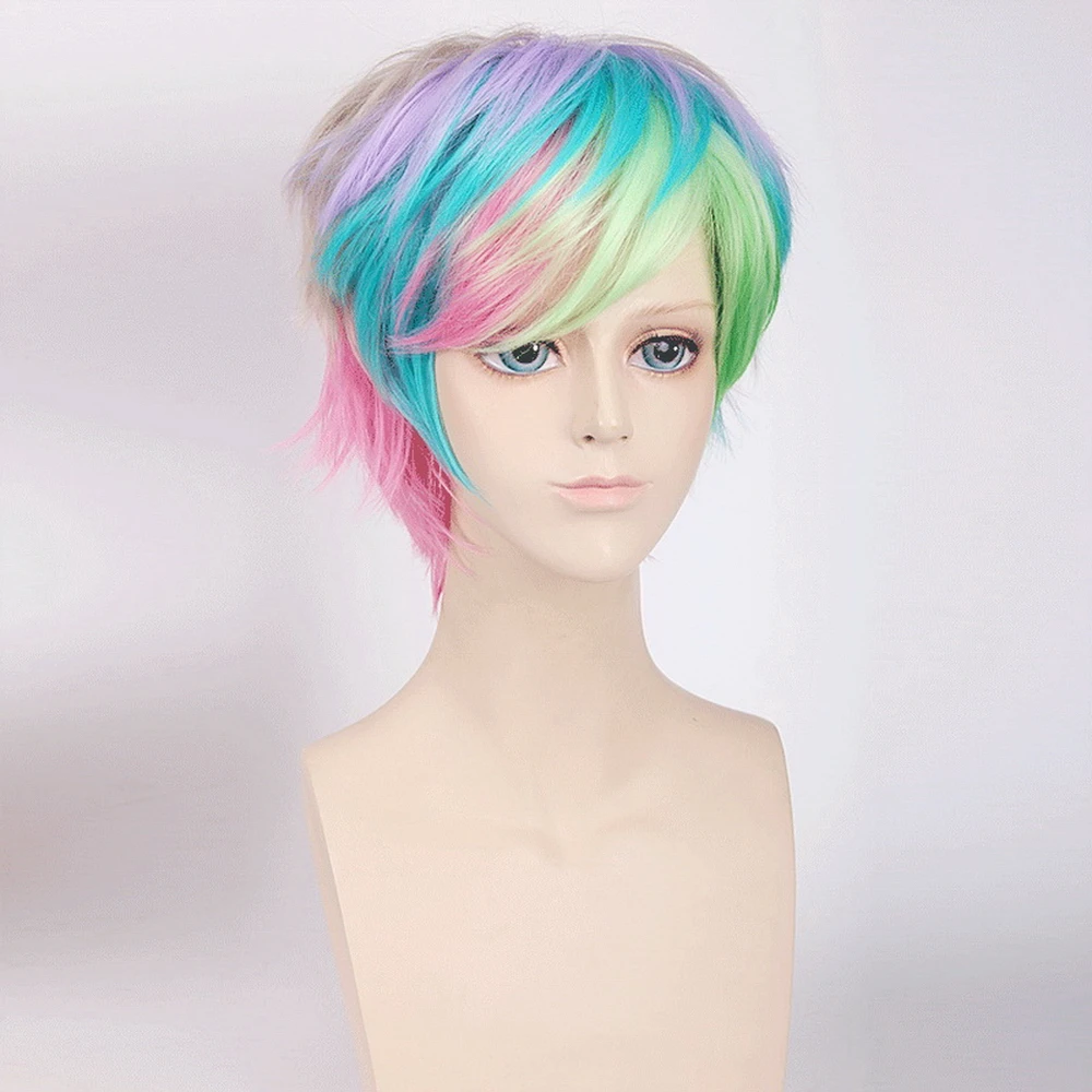Fashion Cheap Colorful Short Man Wig Synthetic Hair Rainbow Color