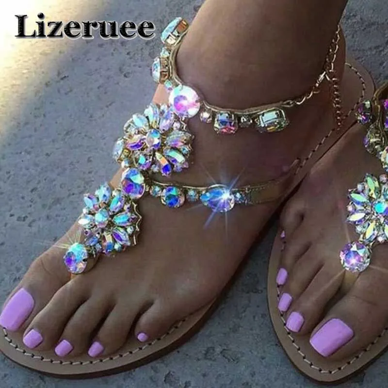 

2018 New Bohemian Women Sandals Crystal Flat Heel Sandalias Rhinestone Chain Women Shoes Thong Flip Flops Zapatos Mujer ME257