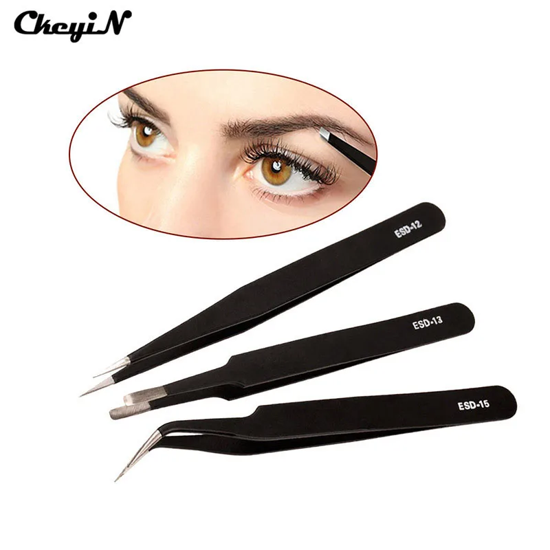3pcs/lot Stainless Eyelash Tweezer Vetus ESD Tweezers Anti Static
