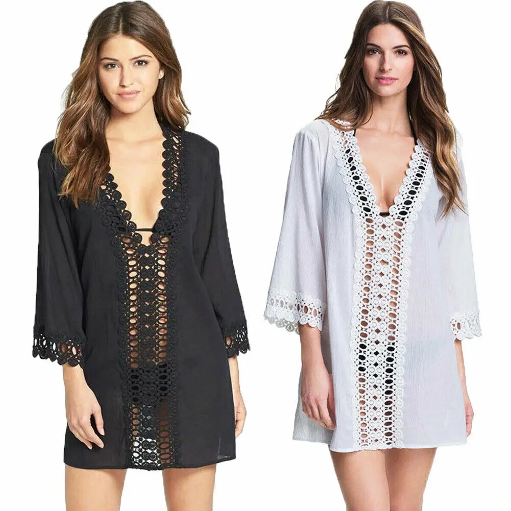 

Women Sexy Bikini Cover Up Lace Hollow Crochet Swim Suit Swimwear Beach Dress Summer Bathing One Piece Solid Holiday Hot Sexy