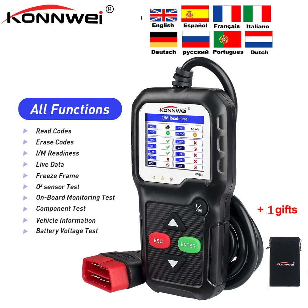 

Original KONNWEI KW680 OBD2 OBDII EOBD Code reader scanner Support Multi-Language KW 680 diagnostic tool Update Online