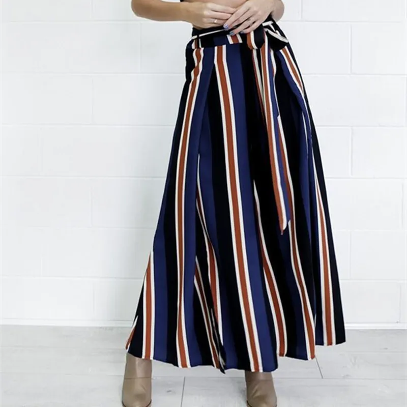 

YXNH 2018 European and American Fashion Women's Stripes OL Commuter Slash Holiday Sexy Wide Leg Trousers Korean Loose long pants