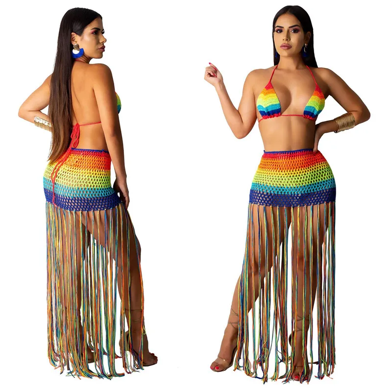 

2 Pieces Set Knitted Bra Top Bikini Set Womens Swimsuit Handemade Crochet Bikini Cover Up Tassel Beach Long Wrap Skirt Sarong