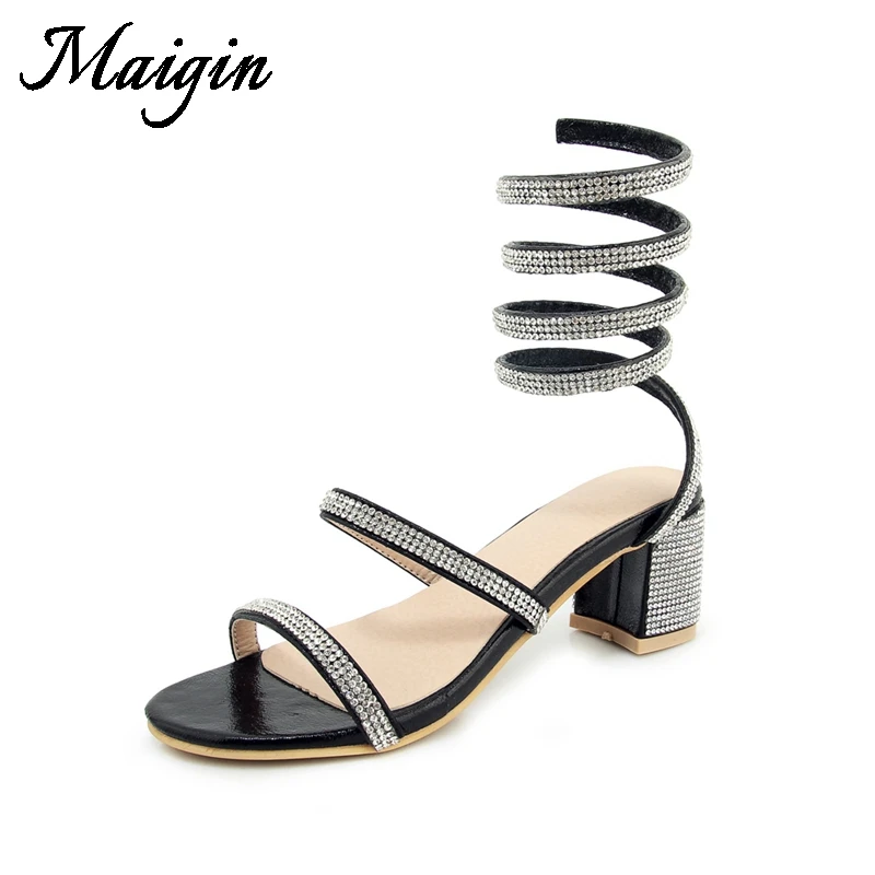 Maigin Crystal Gladiator Sandals Women 2018 Open Toe Women Footwear Square Heel Ladies Shoes Serpentine Sandals Summer Shoes