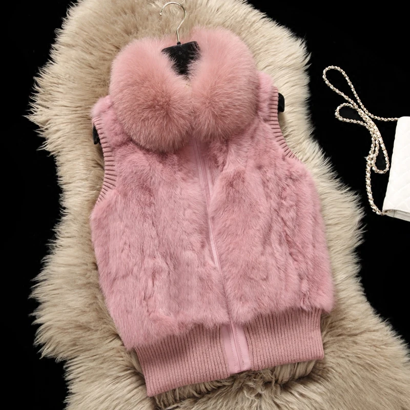 

Real Fox Fur Collar Fashion Natural Rabbit Fur Patchwork Waistcoats Women Plus Size Vests Genuine Leather Fur Sleeveless Jackets