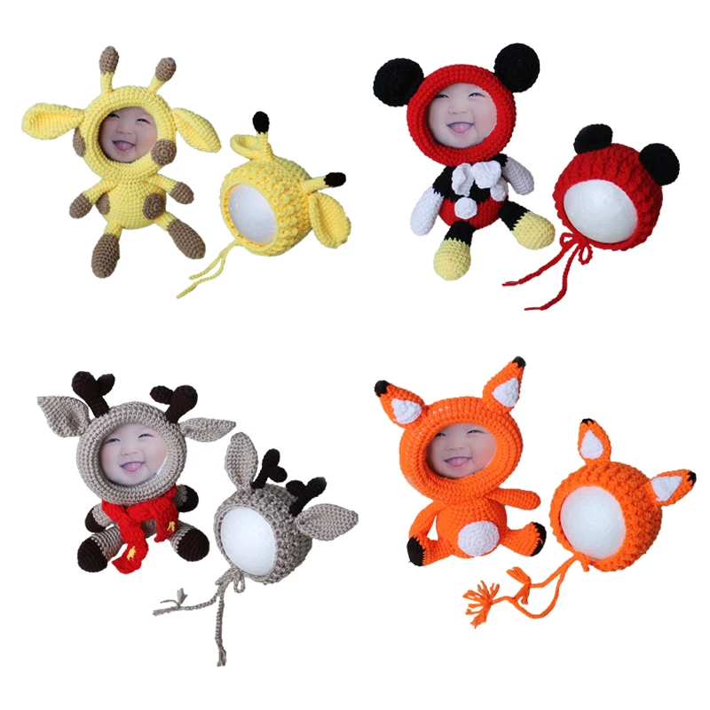 

Adorable Baby Photo Frame Handmade Knitted Doll Hat 2pcs Set Bebe Photo Props Cartoon Animal Doll Caps Elk Fox Giraffes Toy