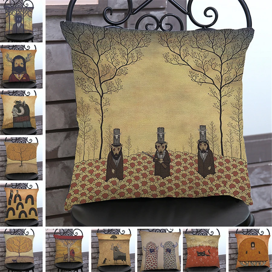 Decorative Animal Pillow Cover Couch Capa Para Sofa Cat Woven Linen