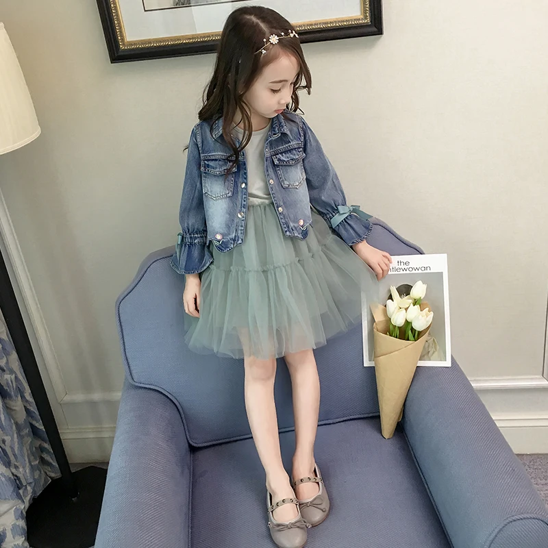 

Kids Fashionable Tulle Dress + Denim Jacket 2 Pcs Set 2018 Spring Summer Hot Girls Lace Gauze Princess Dresses High Quality A414