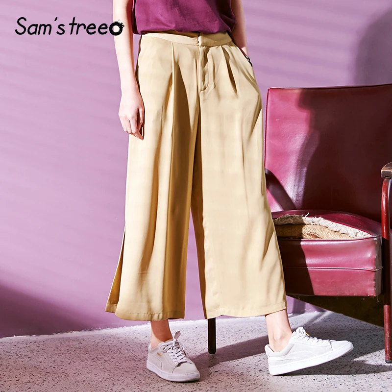 

Samstree Spring Summer Loose Women Trousers Straight Waist Pleated Female Wide Leg Pants Ankle-Length Side Slit