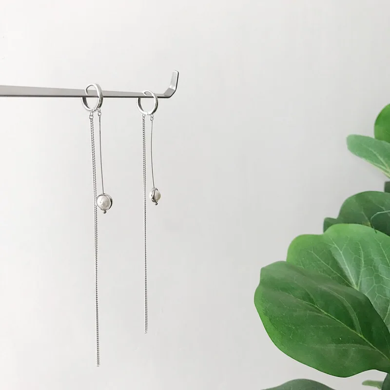 

S925 sterling silver earrings fashion long side chain drop earrings pendant earrings sweet temperament female silver ear jewelry