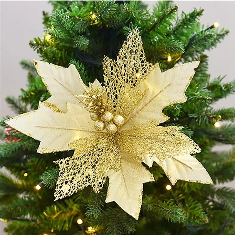 Искусственные Рождественские цветы, блестящие искусственные цветы, сделай сам, домашнее свадебное украшение, Цветочная голова, Рождественский орнамент с рождественской елкой