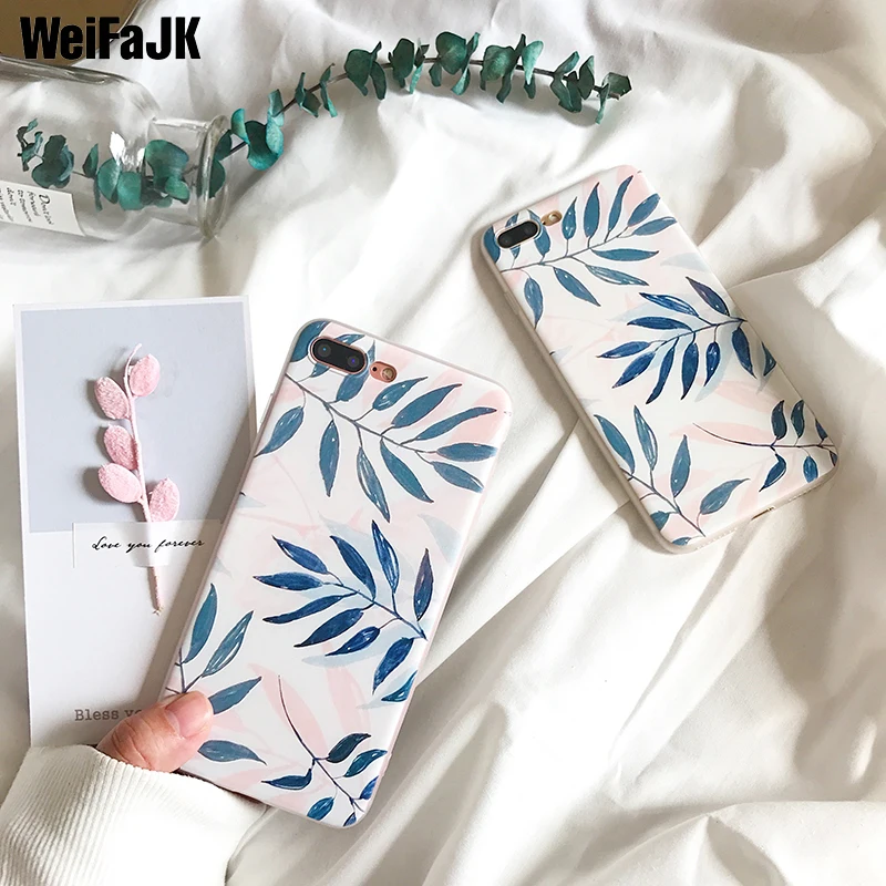 

WeiFaJK Fashion Artistic Leaf Silicon Case For iPhone 7 8 Plus Rose Floral Leaves Case For iPhone X 8 7 6 6s Plus Soft TPU Cover