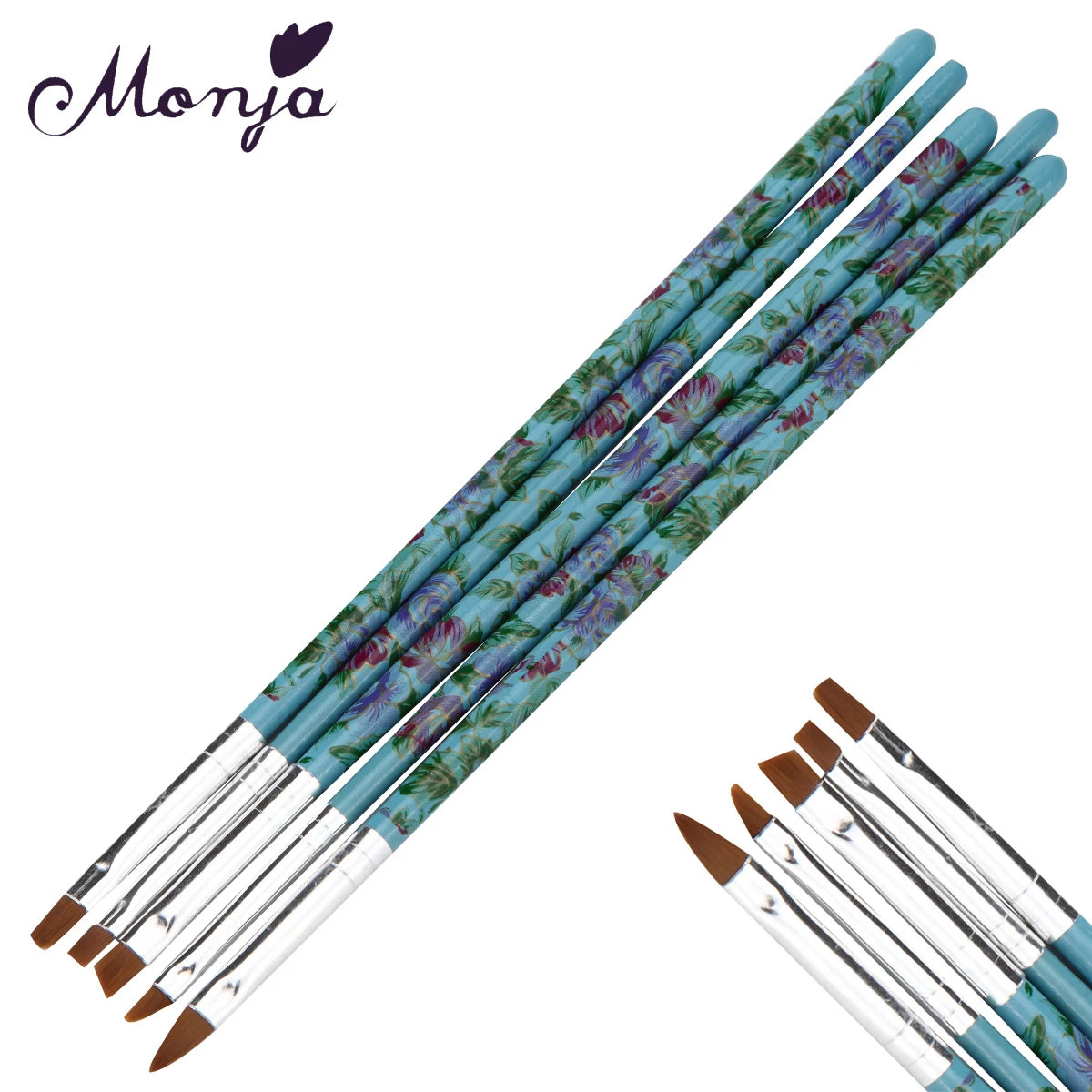 

Monja 5pcs Flower Handle Nail Art Flat Angle Top Painting Brushes Gel Polish Tips 3D Image Drawing Shaping Dotting DIY Pens Kits